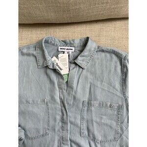 DKNY Women’s Denim Adj. Long Sleeve Blouse Chambray Vertical Stripes NWT Size IX